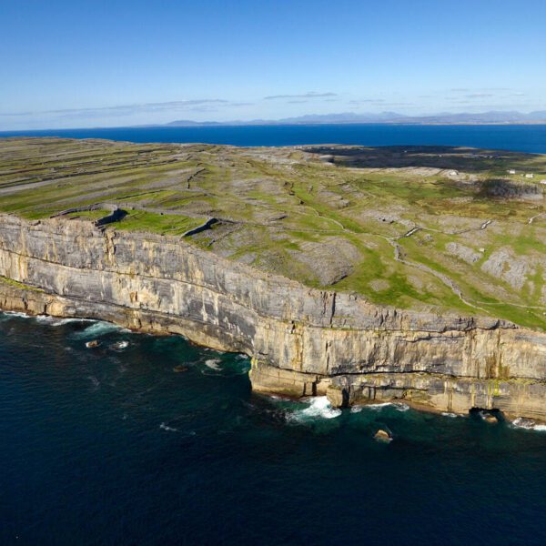 Aerial view of rocky cliffs and green fields meeting the ocean on Inis Mór, with calm blue water and clear sky in the background—discover this stunning landscape on a guided day tour from Galway.