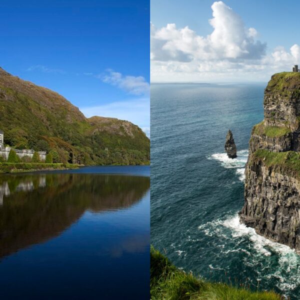 Split image: On the left, a castle by a reflective lake and forested hill in the heart of Connemara; on the right, steep sea cliffs with a small stone tower atop—reminiscent of the iconic Cliffs of Moher—overlooking the ocean under a blue sky. Perfect inspiration for your next Galway day tour.