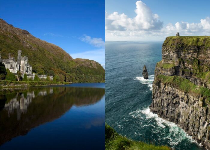 Split image: On the left, a castle by a reflective lake and forested hill in the heart of Connemara; on the right, steep sea cliffs with a small stone tower atop—reminiscent of the iconic Cliffs of Moher—overlooking the ocean under a blue sky. Perfect inspiration for your next Galway day tour.