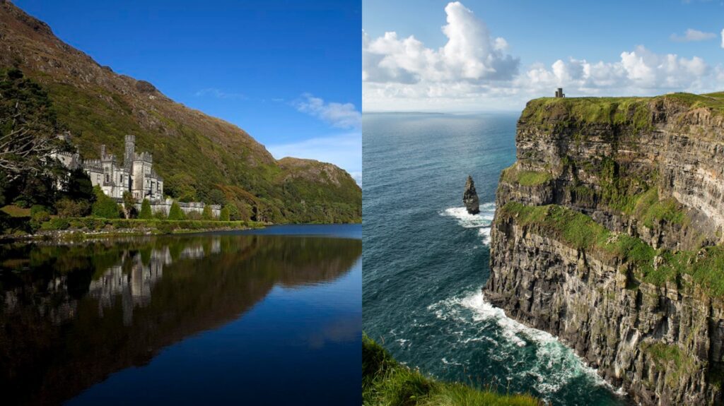 Split image: Left shows a castle by a lake with forested hills in scenic Connemara; right shows the dramatic Cliffs of Moher, with steep sea cliffs, green grass, and a small tower overlooking the ocean—perfect highlights for any Galway day tour.