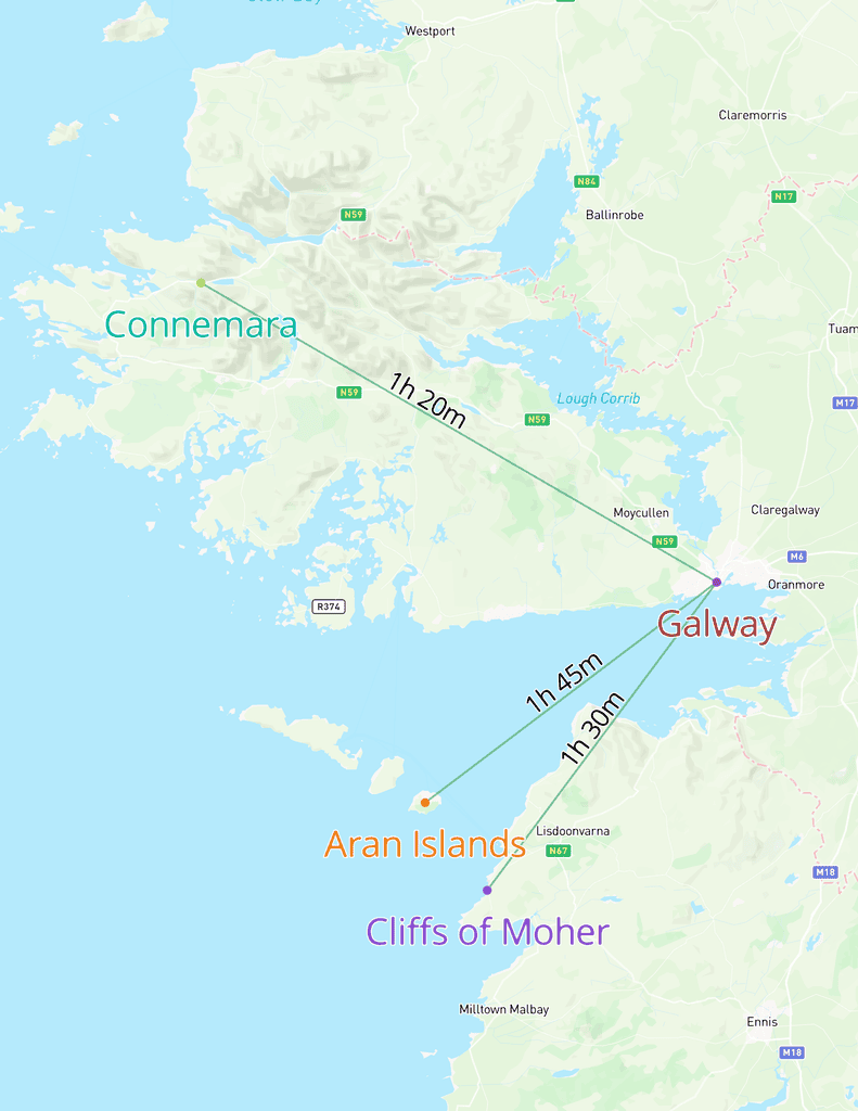 Map showing Galway on Ireland’s West Coast, with estimated travel times to Connemara (1h 20m), the Aran Islands (1h 45m), and the Cliffs of Moher (1h 30m) clearly depicted using color-coded labels and directional lines.