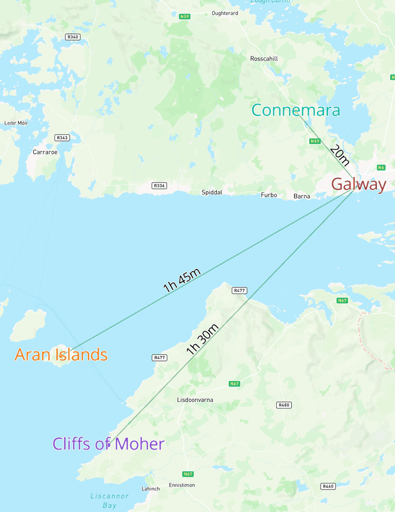Map showing travel times by sea from Galway, the best base for exploring Ireland’s West Coast, to the Aran Islands (1h 45m) and Cliffs of Moher (1h 30m), with key locations labeled in distinct colors.